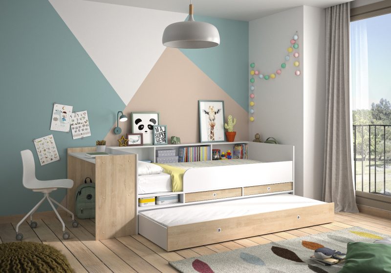 Ewen Κρεβάτι πολυμορφικό μετατρεπόμενο 244/259x110x79εκ. ( για στρώμα 90x140/200εκ. )  με αποθηκευτικούς χώρους και γραφείο Blond Oak / Λευκό