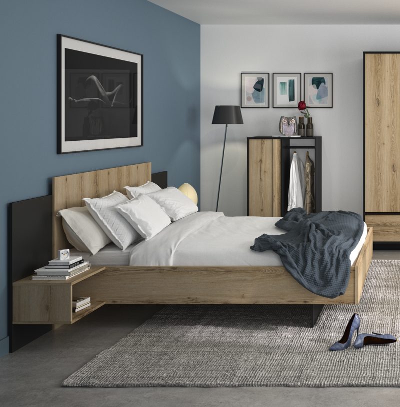 Mimizan Κρεβάτι με δύο κρεμαστά κομοδίνα 255x206εκ. ( για στρώμα 160x200εκ. ) Helvezia Oak / Black Mimizan Κρεβάτι με δύο κρεμαστά κομοδίνα 255x206εκ. ( για στρώμα 160x200εκ. ) Helvezia Oak / Black