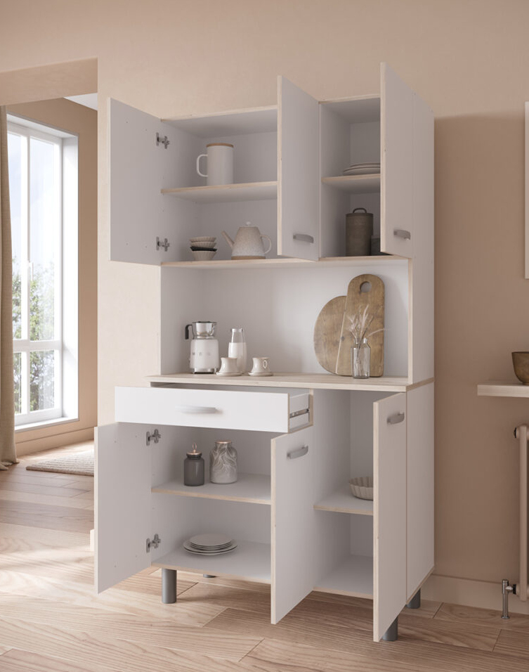 Pasta μπουφές για κουζίνα με 6 ντουλάπια και 1 συρτάρι 101x43x185εκ. Λευκό / Acacia