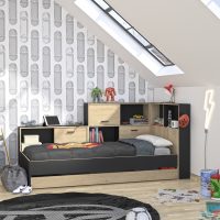 Erwan κρεβάτι μονό 120x221εκ. ( για στρώμα 90x200εκ. ) Black/Natural Chestnut με αποθηκευτικό συρτάρι