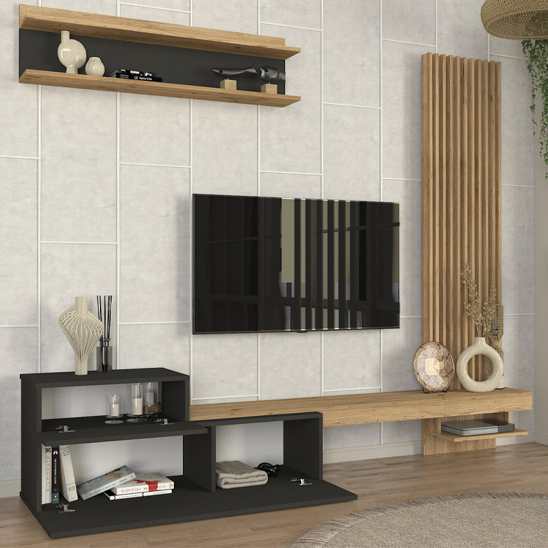 Σύνθεση τηλεόρασης Dumont Megapap χρώμα ανθρακί - sepet oak 240x36,8x200εκ.