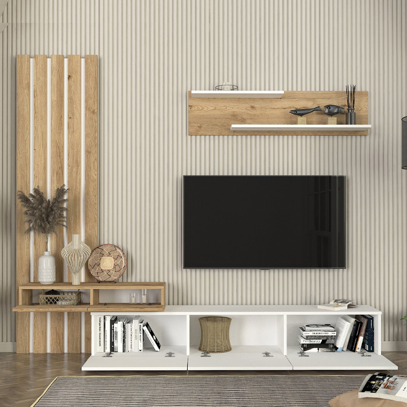 GP042-03241-1 Σύνθεση τηλεόρασης Rosaline Megapap χρώμα λευκό - sepet oak 233x31,3x196,8εκ.