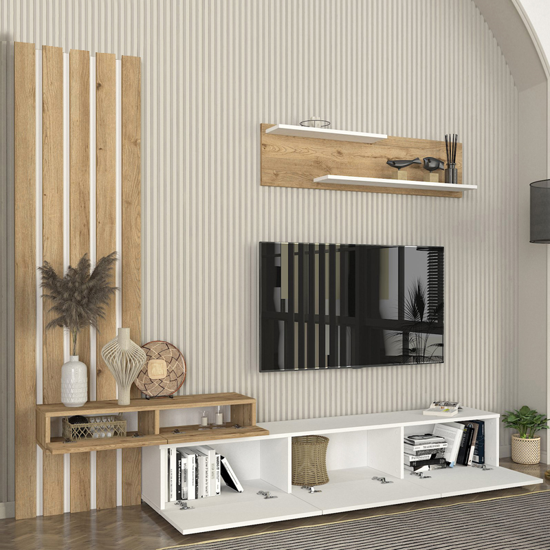 GP042-03241-3 Σύνθεση τηλεόρασης Rosaline Megapap χρώμα λευκό - sepet oak 233x31,3x196,8εκ.