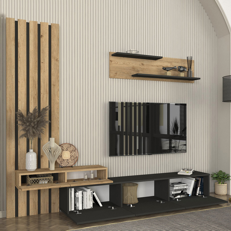 GP042-03242-3 Σύνθεση τηλεόρασης Rosaline Megapap χρώμα ανθρακί - sepet oak 233x31,3x196,8εκ.