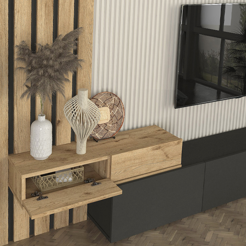 GP042-03242-4 Σύνθεση τηλεόρασης Rosaline Megapap χρώμα ανθρακί - sepet oak 233x31,3x196,8εκ.