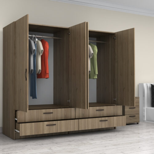 GP100-00873-1 Ντουλάπα ρούχων Victoria Megapap τετράφυλλη με συρτάρια χρώμα καρυδί 200x60x181εκ.