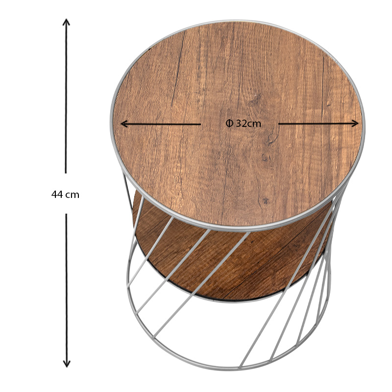 Τραπεζάκι βοηθητικό Jaspin Megapap μεταλλικό - Mdf χρώμα ασημί - καρυδί 32x32x44εκ.