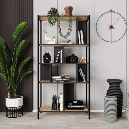 GP037-02311-1 Βιβλιοθήκη Midi Megapap χρώμα sapphire oak - silky black 88x35x175εκ.