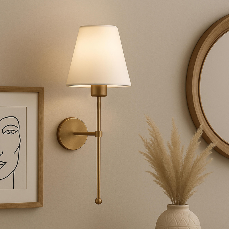 GP029-01621-1 Απλίκα τοίχου Verma Megapap E27 υφασμάτινη - μεταλλική χρώμα χρυσό - κρεμ 13x13x50εκ.