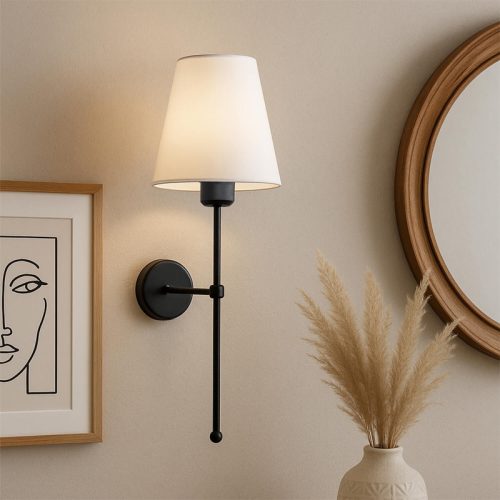 GP029-01622-1 Απλίκα τοίχου Verma Megapap E27 υφασμάτινη - μεταλλική χρώμα μαύρο - κρεμ 13x13x50εκ.