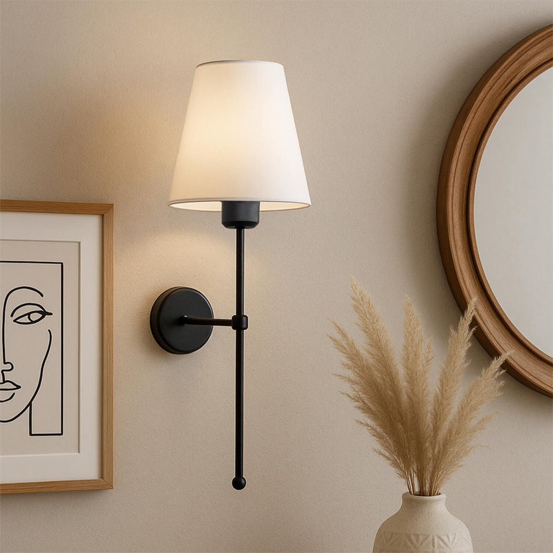 GP029-01622-1 Απλίκα τοίχου Verma Megapap E27 υφασμάτινη - μεταλλική χρώμα μαύρο - κρεμ 13x13x50εκ.