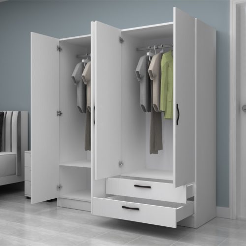 GP100-01131-1 Ντουλάπα ρούχων Vivian Megapap τετράφυλλη με συρτάρια χρώμα λευκό 160x51,8x181εκ.