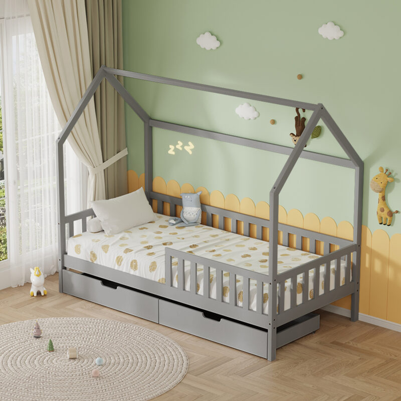 ΚΡΕΒΑΤΙ ΠΑΙΔΙΚΟ ΜΕ ΣΥΡΤΑΡΙΑ PHYLLIS HM724.05 τ.MONTESSORI ΓΚΡΙ 196x97x161Υεκ.