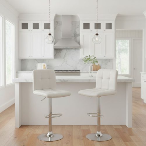 Σκαμπό μπαρ Carmelo Megapap με ρυθμιζόμενο ύψος PU λευκό - βάση χρωμίου 45x42x90/113εκ.