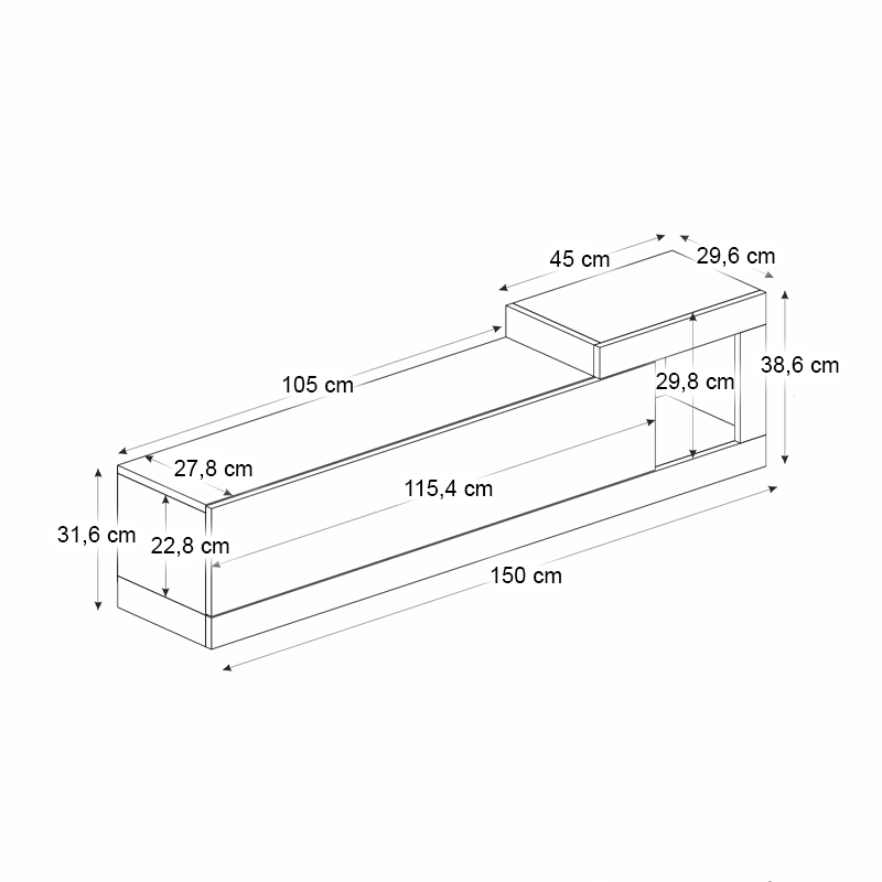 Έπιπλο τηλεόρασης επιτοίχιο Volare Megapap χρώμα καρυδί - μαύρο 150x29,6x38,6εκ.