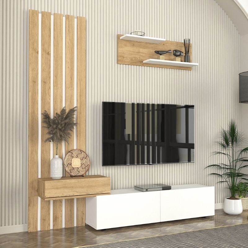 GP042-03642-4 Σύνθεση τηλεόρασης Rosaline Megapap χρώμα λευκό - sepet oak 183x31,3x196,9εκ.