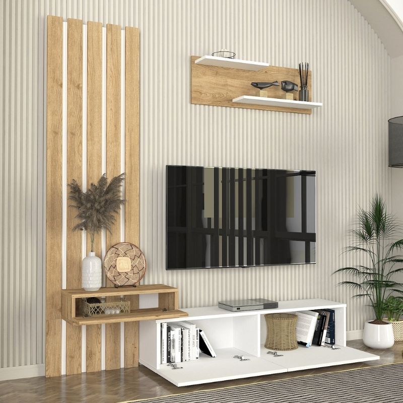 GP042-03642-5 Σύνθεση τηλεόρασης Rosaline Megapap χρώμα λευκό - sepet oak 183x31,3x196,9εκ.