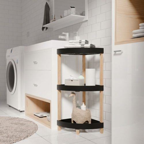 FIX-2002-BL-1 Ραφιέρα δαπέδου γωνιακή πλαστική - ξύλινη χρώμα φυσικό - μαύρο 44x32x79εκ.