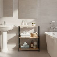 FIX-2004-BL-1 Ραφιέρα δαπέδου - Τραπεζάκι βοηθητικό ξύλινο - πλαστικό χρώμα φυσικό - μαύρο 65x29x78εκ.