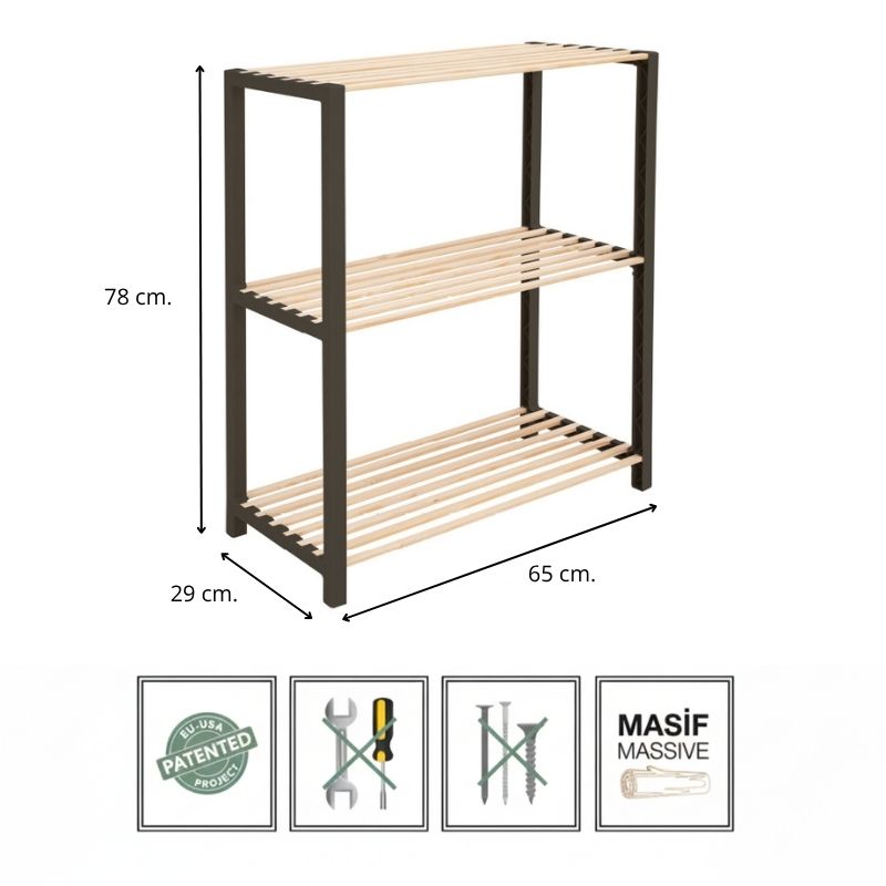 FIX-2004-BL-3 Ραφιέρα δαπέδου - Τραπεζάκι βοηθητικό ξύλινο - πλαστικό χρώμα φυσικό - μαύρο 65x29x78εκ.