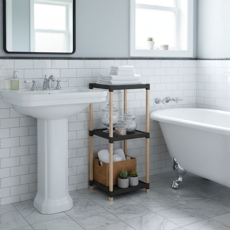 FIX-2011-3-BL-1 Ραφιέρα δαπέδου πλαστική - ξύλινη χρώμα φυσικό - μαύρο 28x25x72εκ.