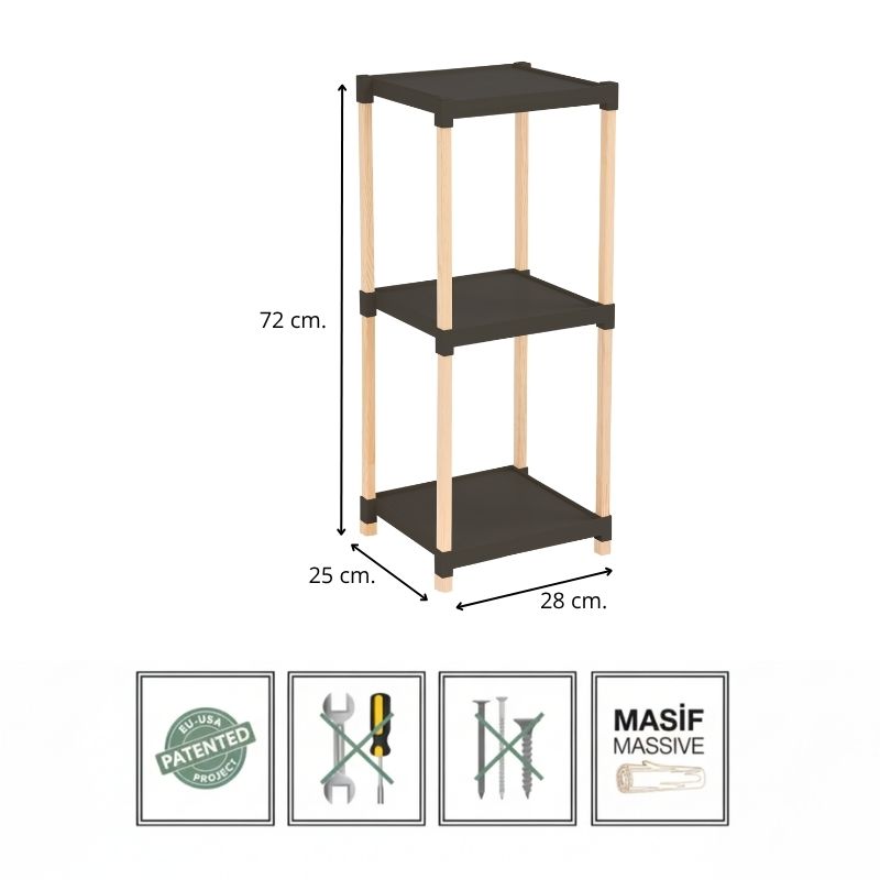 FIX-2011-3-BL-3 Ραφιέρα δαπέδου πλαστική - ξύλινη χρώμα φυσικό - μαύρο 28x25x72εκ.