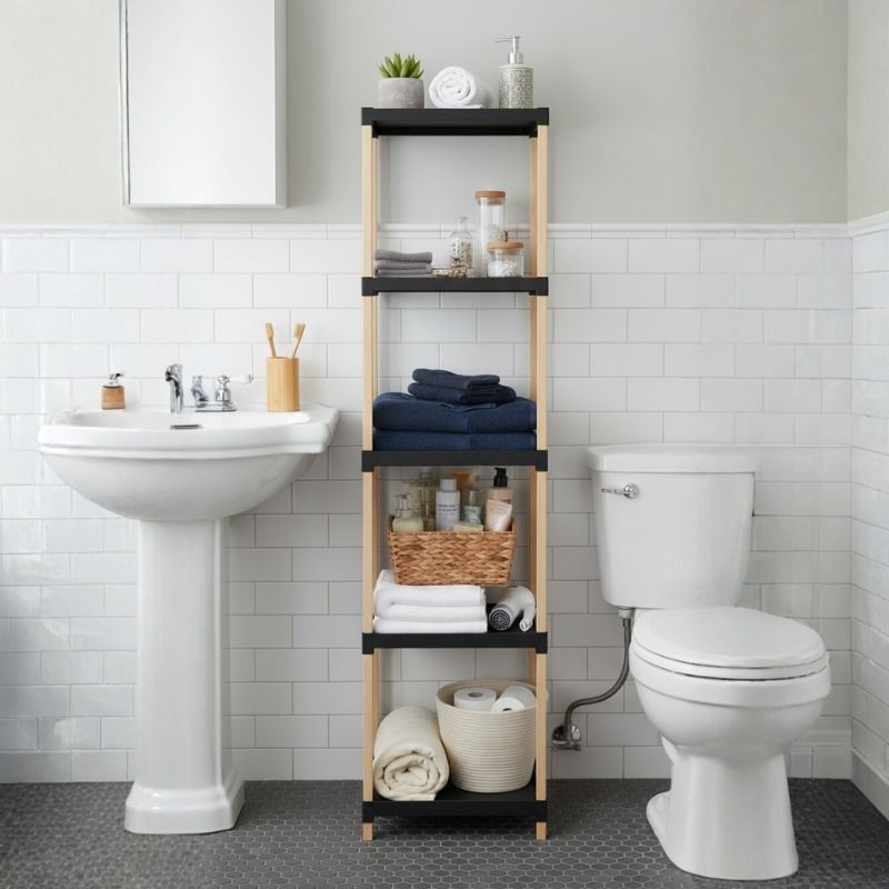 FIX-2011-5-BL-1 Ραφιέρα δαπέδου πλαστική - ξύλινη χρώμα φυσικό - μαύρο 28x25x137εκ.