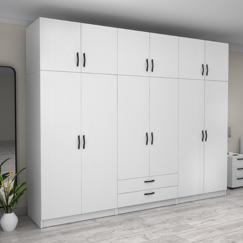 Ντουλάπα ρούχων Victoria Megapap εξάφυλλη με πατάρι και συρτάρια χρώμα λευκό 300x60x240εκ.