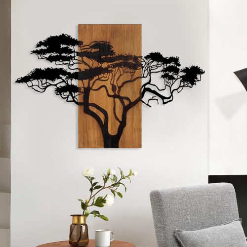 GP052-0068-1 Διακοσμητικό τοίχου Acacia Tree Megapap ξύλινο - μεταλλικό χρώμα καρυδί - μαύρο 90x3x58εκ.