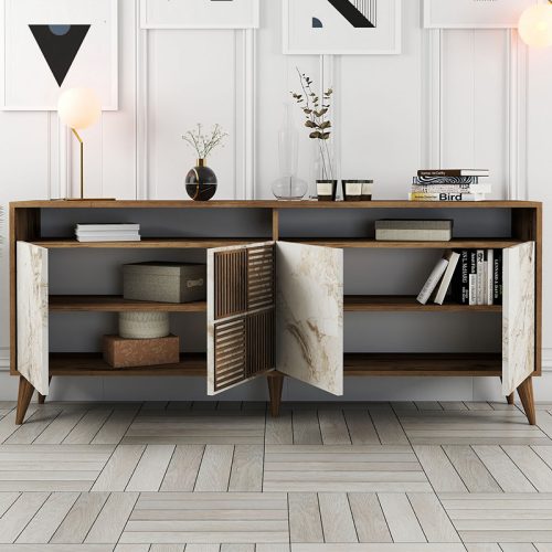 GP052-01191-1 Μπουφές Milan Megapap χρώμα καρυδί - λευκό εφέ μαρμάρου 180x35x78,6εκ.